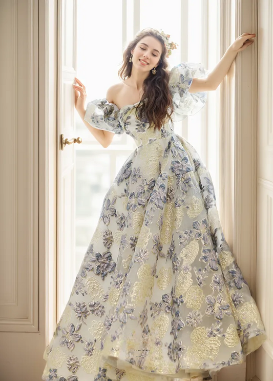 Elora - embroidery golden blue floral pattern off-the-shoulder Princess Prom Dress SelenaHuanStudio
