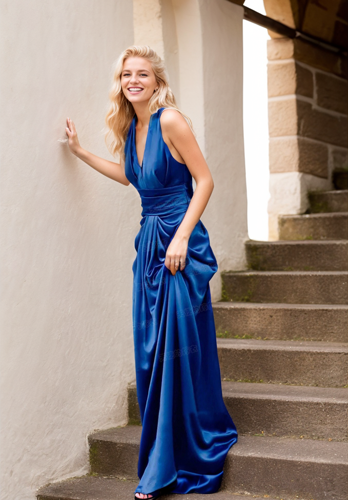 Greece Goddess Haltered low back deep V sheath silky satin prom dress SelenaHuanStudio
