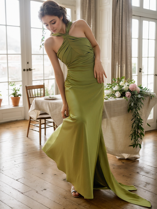 Greece goddess haltered sheath silky satin prom dress with long ribbon multiple colors SelenaHuanStudio