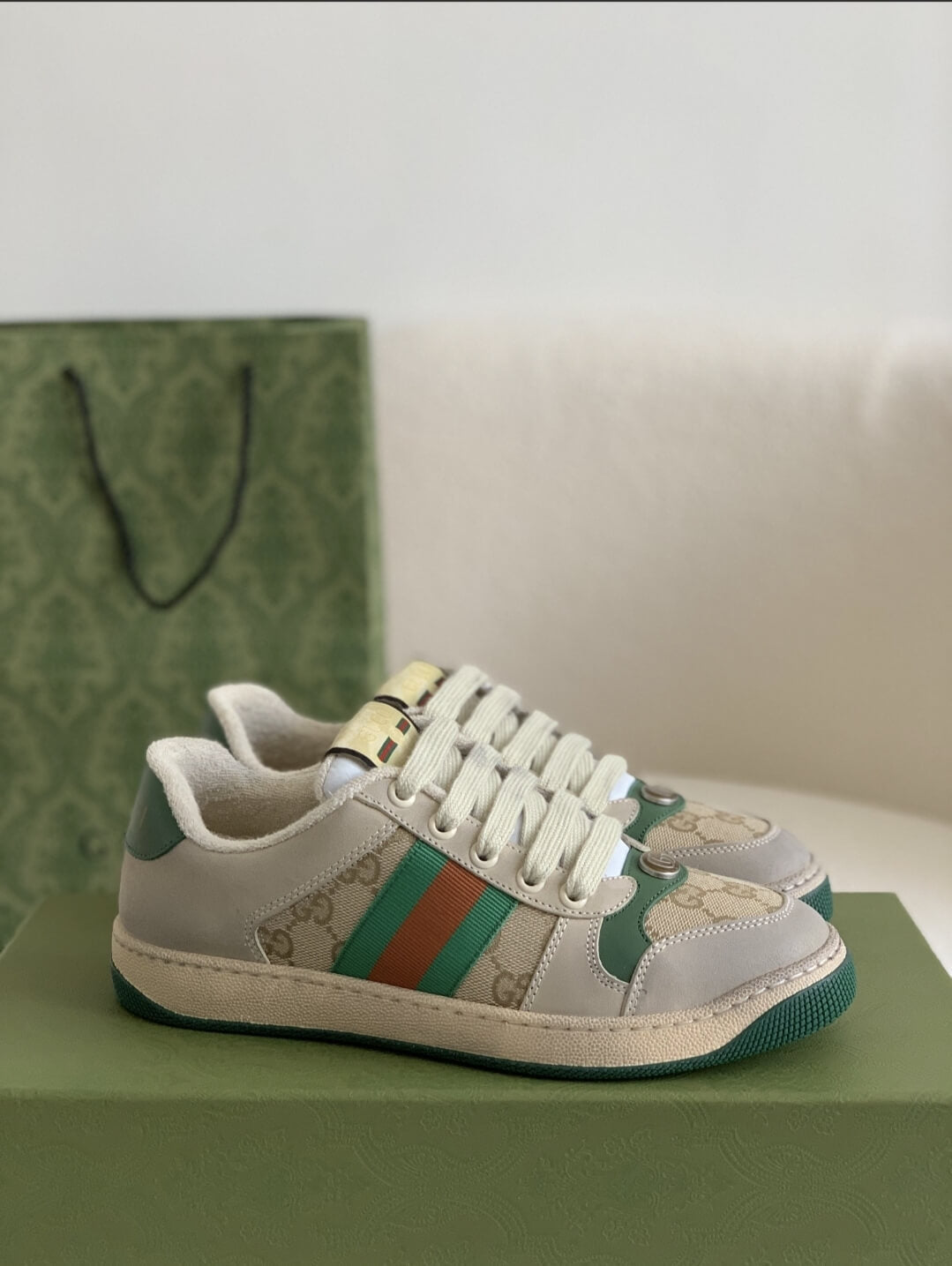 Gucci Screener Sneaker – Beige & Grey Leather with Green/Orange Web CUSTOM