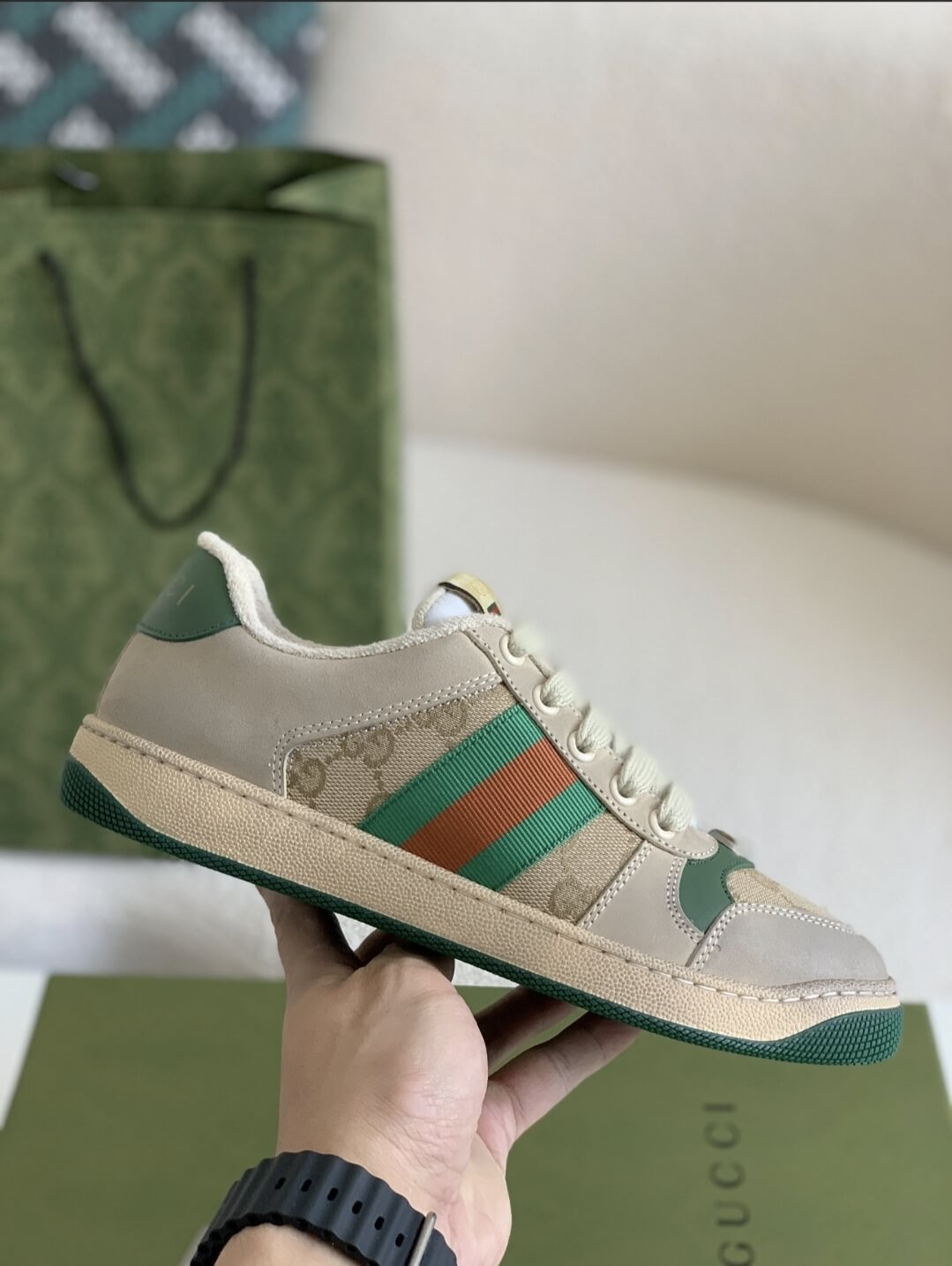 Gucci Screener Sneaker – Beige & Grey Leather with Green/Orange Web CUSTOM