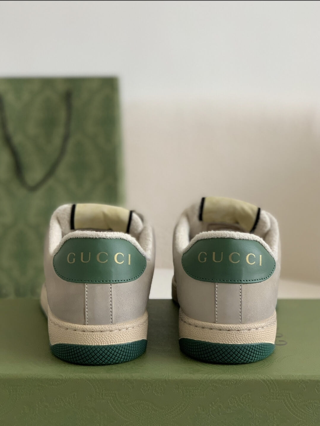 Gucci Screener Sneaker – Beige & Grey Leather with Green/Orange Web CUSTOM