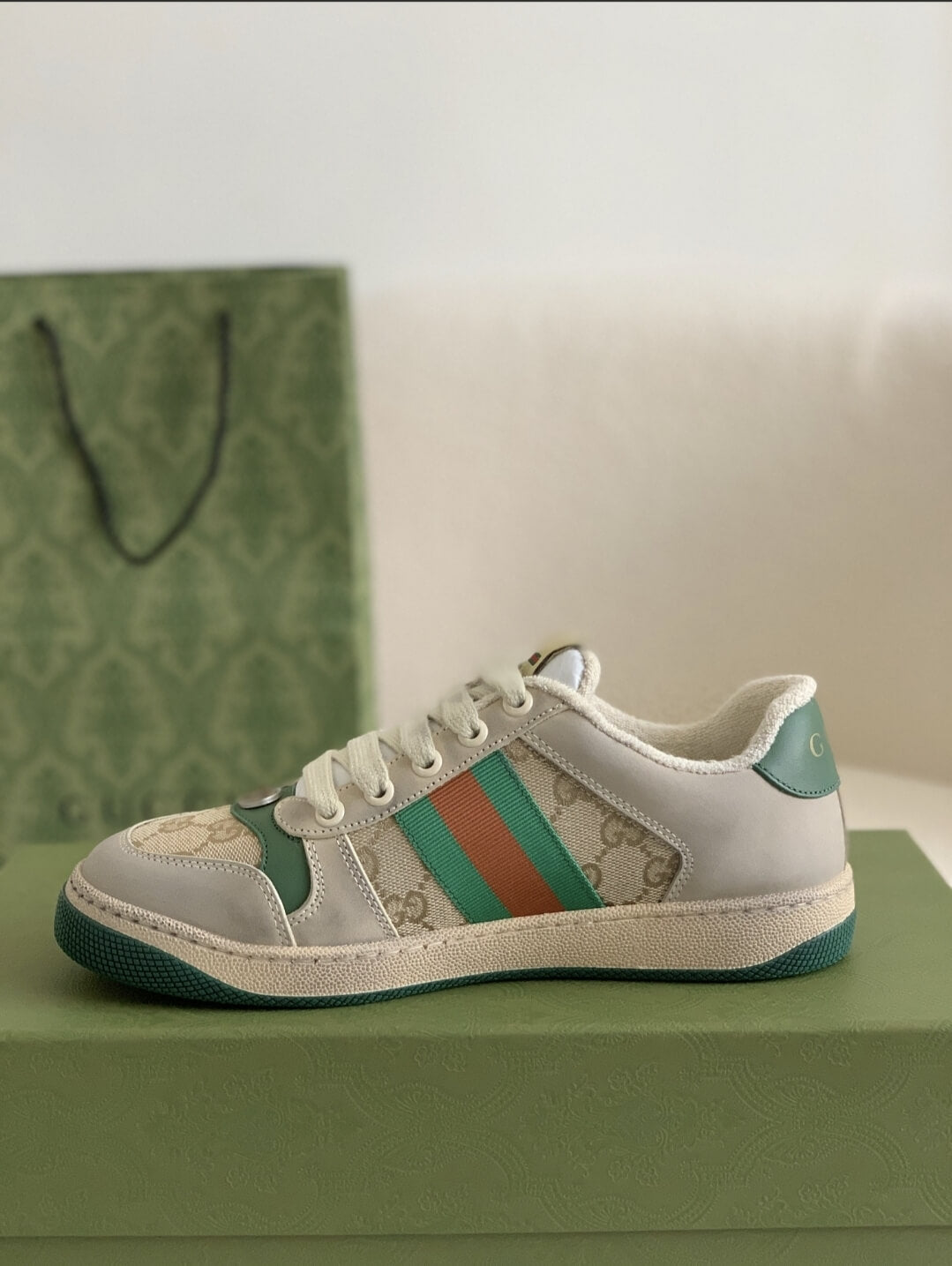 Gucci Screener Sneaker – Beige & Grey Leather with Green/Orange Web CUSTOM