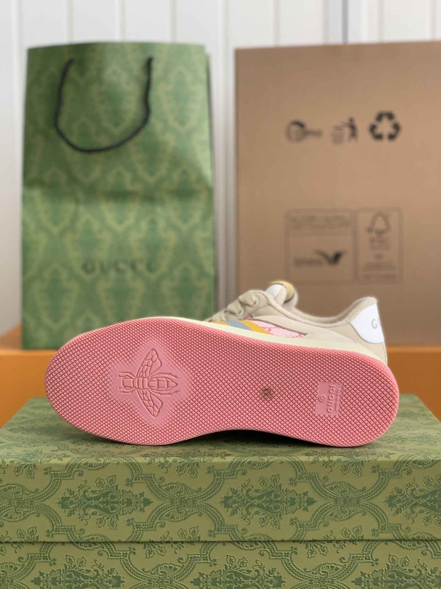 Gucci Screener Sneaker – Beige & Pink GG Canvas with Blue/Yellow Web CUSTOM