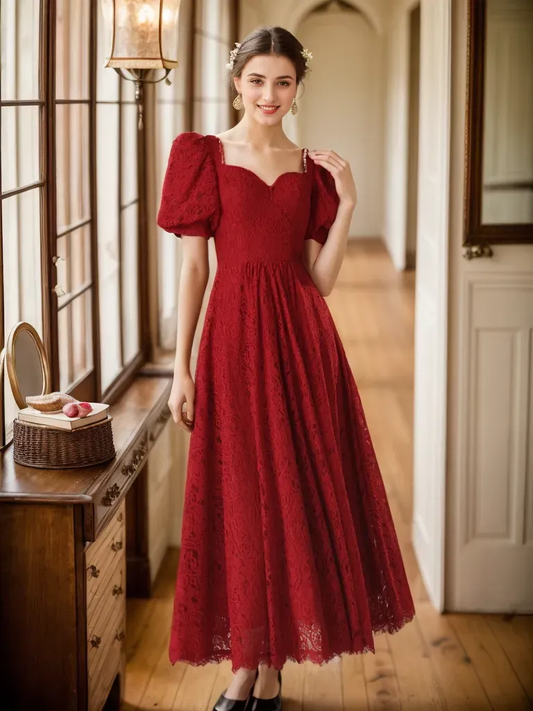 Romantic Vintage-Inspired Ruby Red Lace Midi Dress with Puff Sleeves SelenaHuanStudio