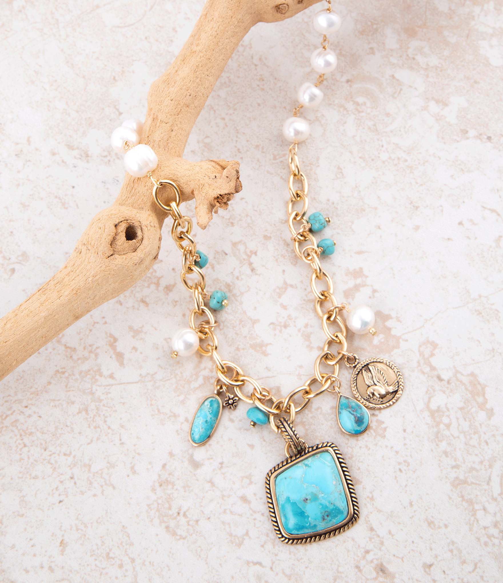 Blue Turquoise and White Pearl Multi Pendant Golden Necklace Barse Jewelry