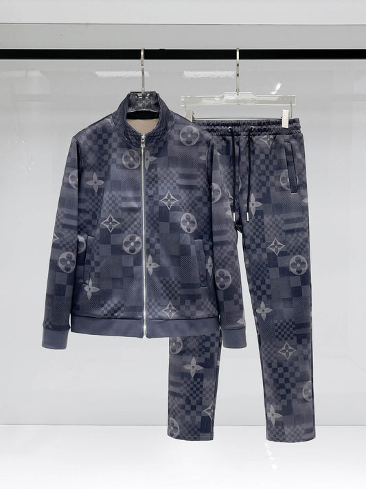 Louis Vuitton Monogram Patchwork Technical Jersey Tracksuit Grey Blue CUSTOM