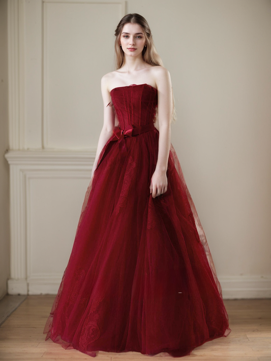 Elegant Strapless Burgundy Tulle Ball Gown with Corset Back and Ribbon Tie SelenaHuanStudio