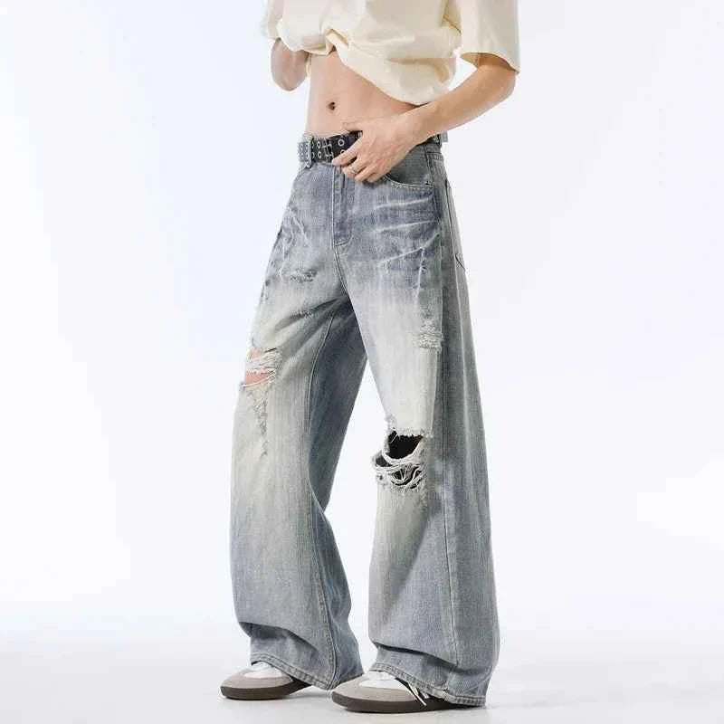 Versatile Y2K High Waist Ripped Baggy Jeans - Distressed Wide-Leg Denim