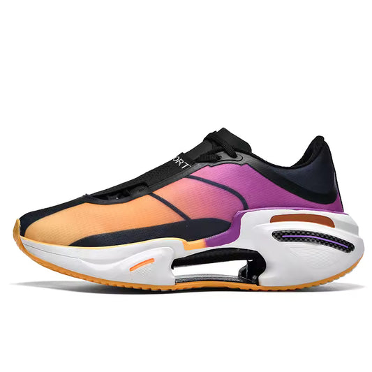 Multicolored sneaker with a white sole on a white background