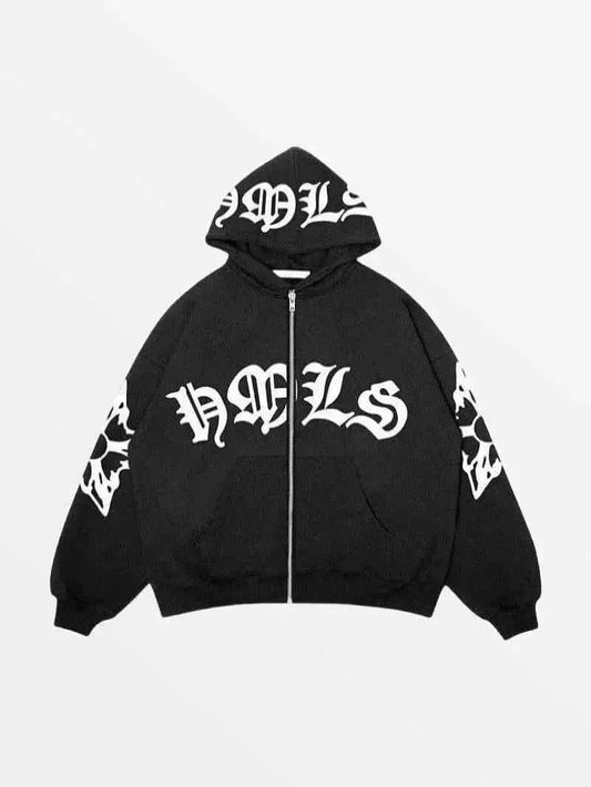 Close-up shot of the high-density typography print and matte black metal zipper