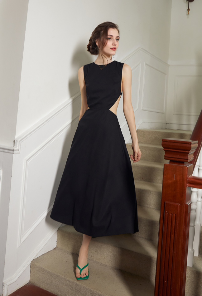 Timeless Elegance Backless Satin Midi Dress with Intricate Cutout SelenaHuanStudio