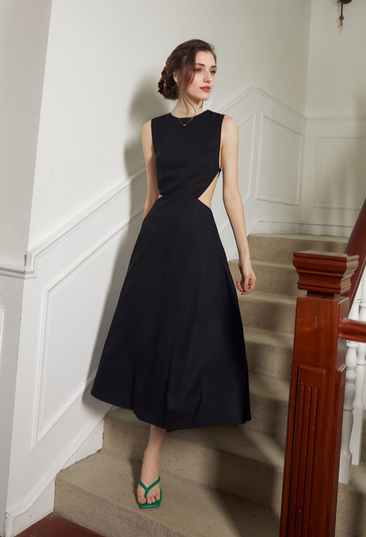 Timeless Elegance Backless Satin Midi Dress with Intricate Cutout SelenaHuanStudio