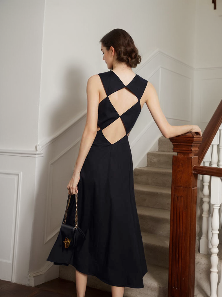 Timeless Elegance Backless Satin Midi Dress with Intricate Cutout SelenaHuanStudio
