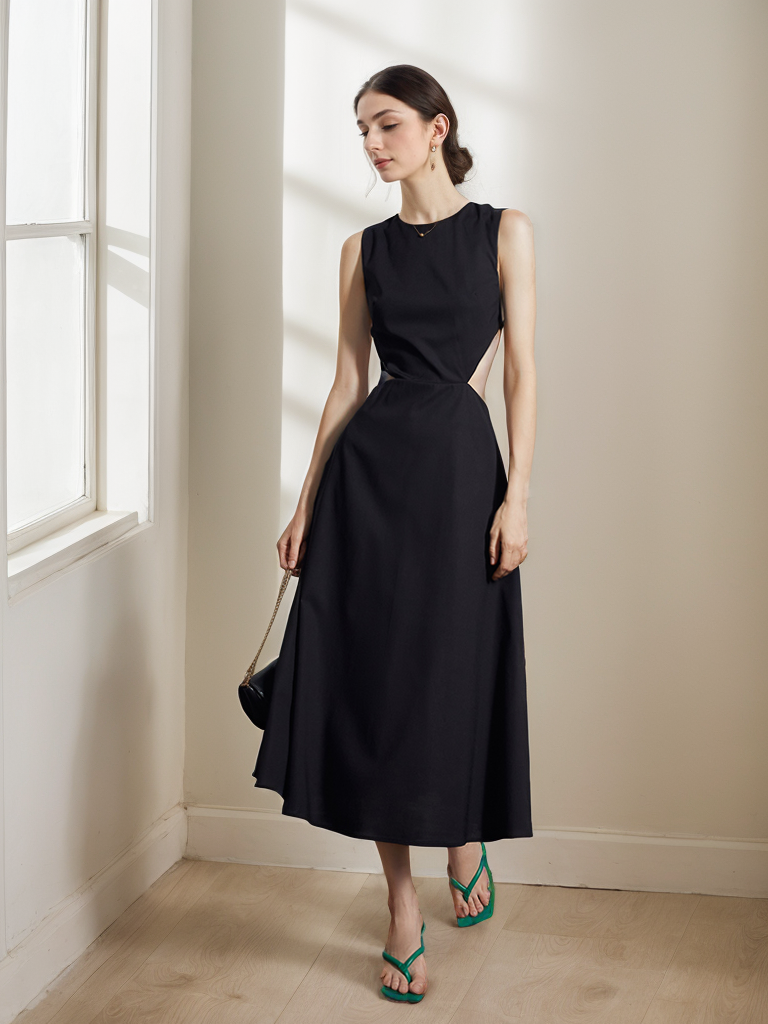 Timeless Elegance Backless Satin Midi Dress with Intricate Cutout SelenaHuanStudio