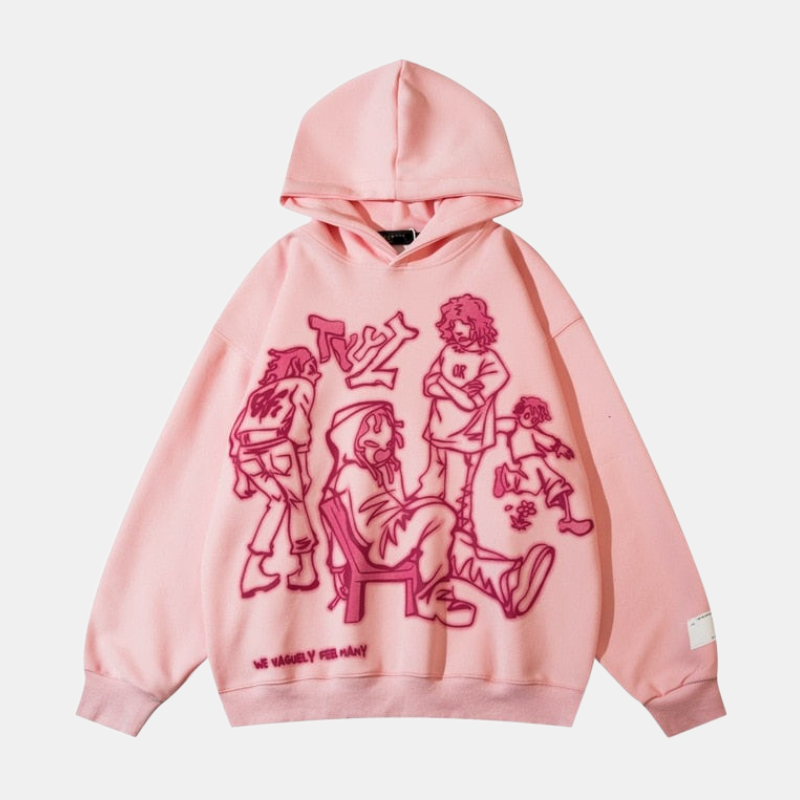 Oversized Cartoon Line Character Graphic Hoodie - Minimalist Art Streetwear | Fashionbuy - FASHIONBUY