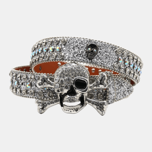Skull Emblem Rhinestone Slim Belt - Y2K Grunge Aesthetic | Fashionbuy - FASHIONBUY