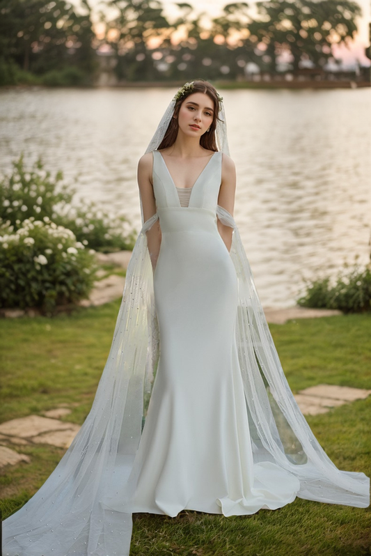 V-neck Low back wide straps Mermaid Satin wedding dress with beaded soft tulle ribbon SelenaHuanStudio