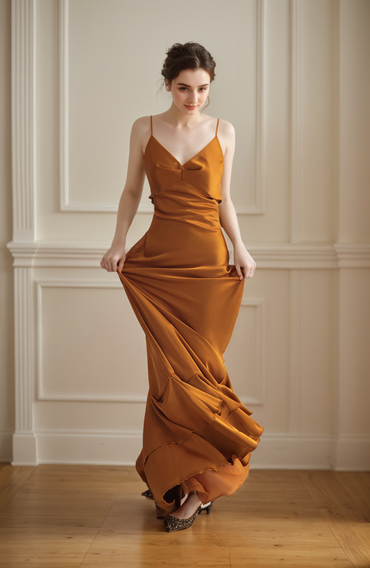 Vintage Deep V neck low back pencil skirt ruffled silky satin prom dress SelenaHuanStudio