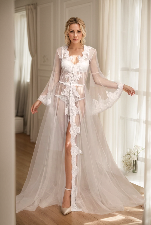 Pearl Beaded Lace Hem Long Robe with Satin Nightgown SelenaHuanStudio