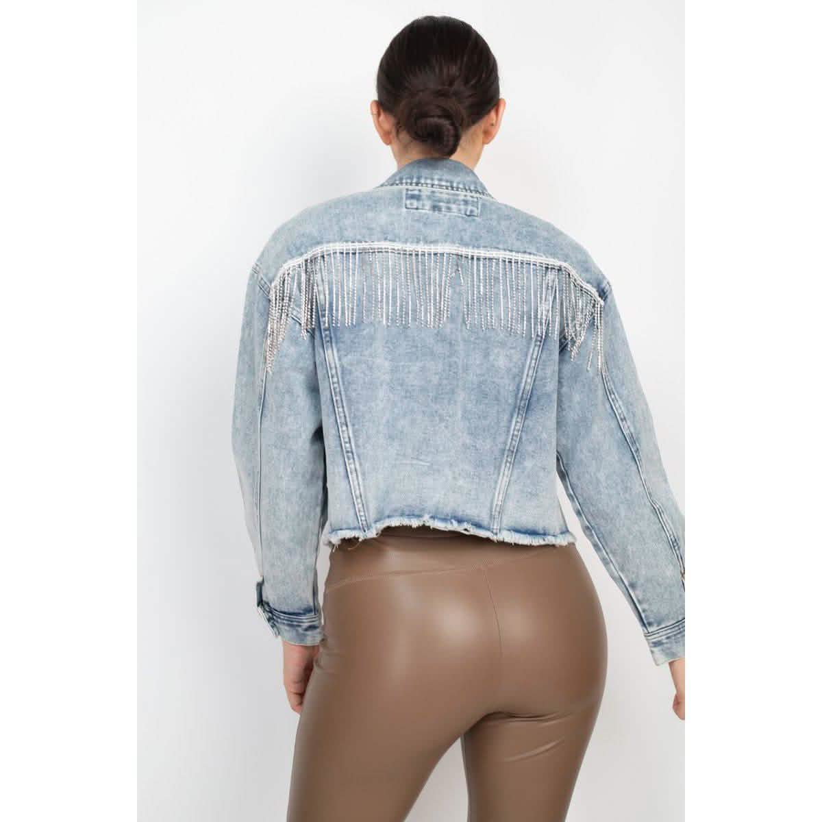 Accented Rhinestones Pocketed Denim Jacket DailySale