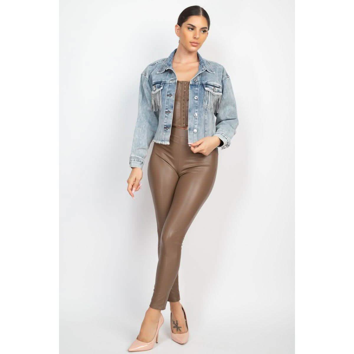 Accented Rhinestones Pocketed Denim Jacket DailySale