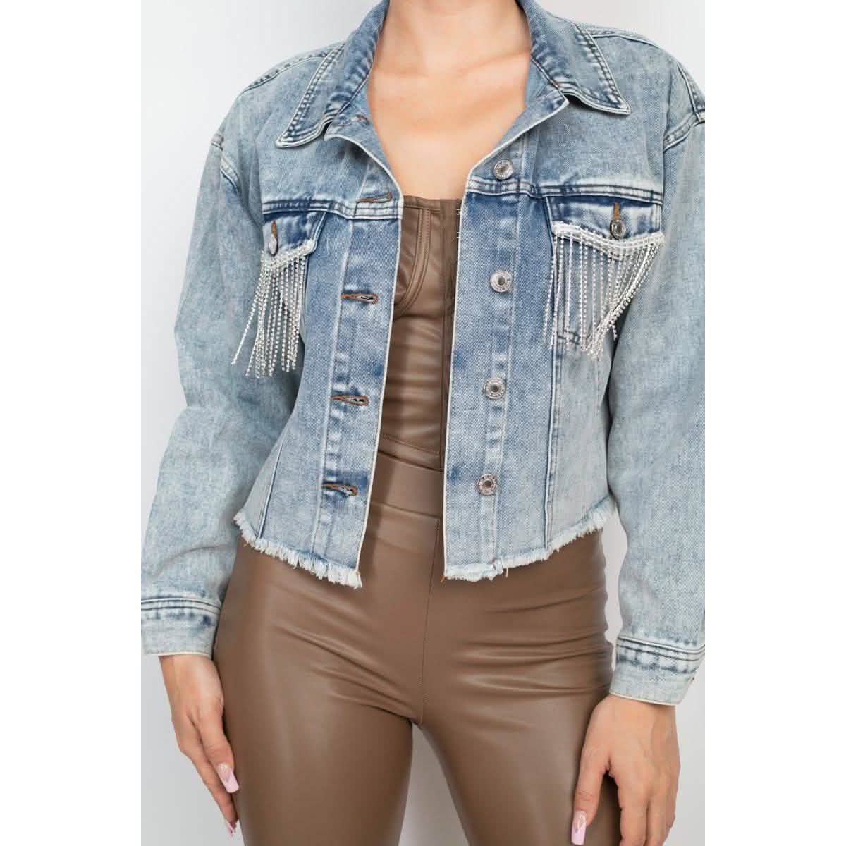 Accented Rhinestones Pocketed Denim Jacket DailySale