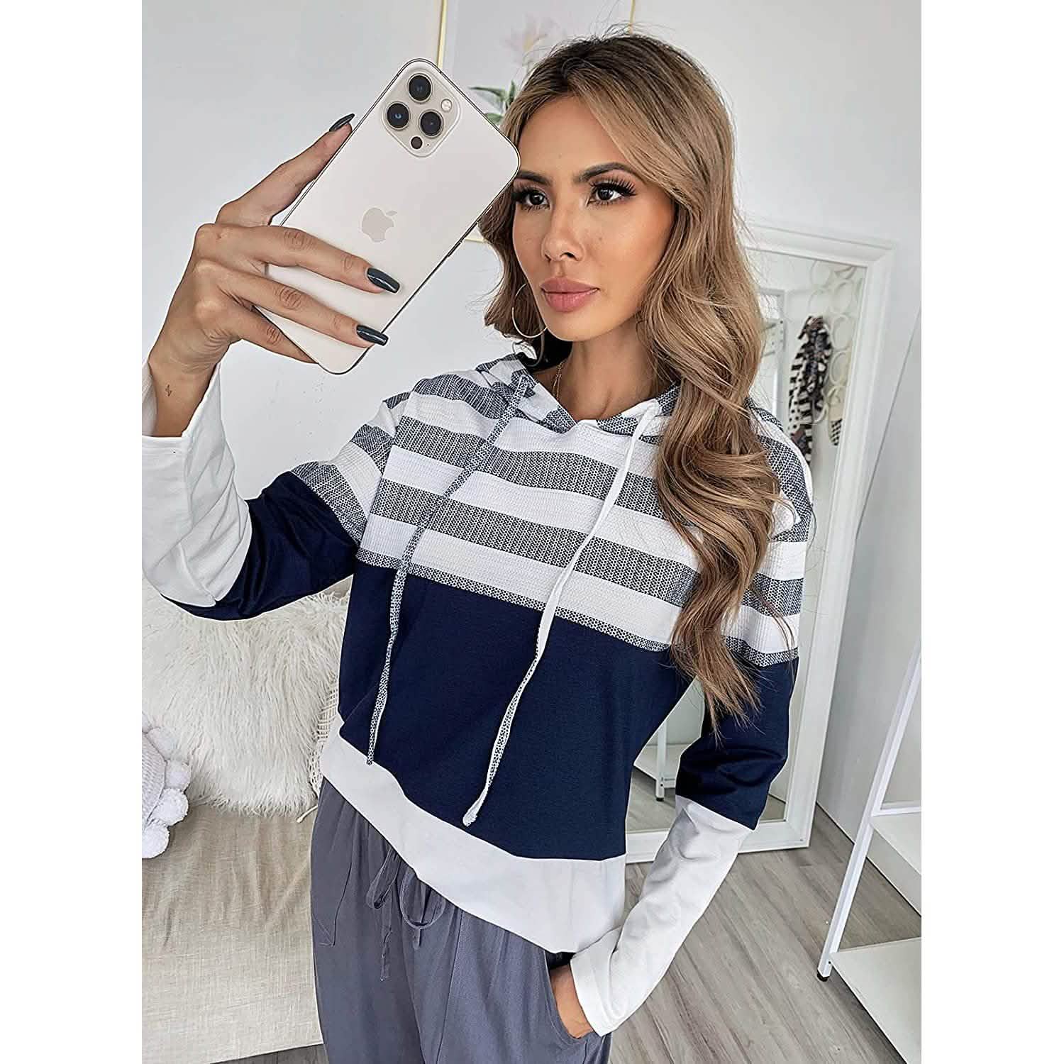 Actloe Women Long Sleeve Striped Color Block Casual Hoodies DailySale