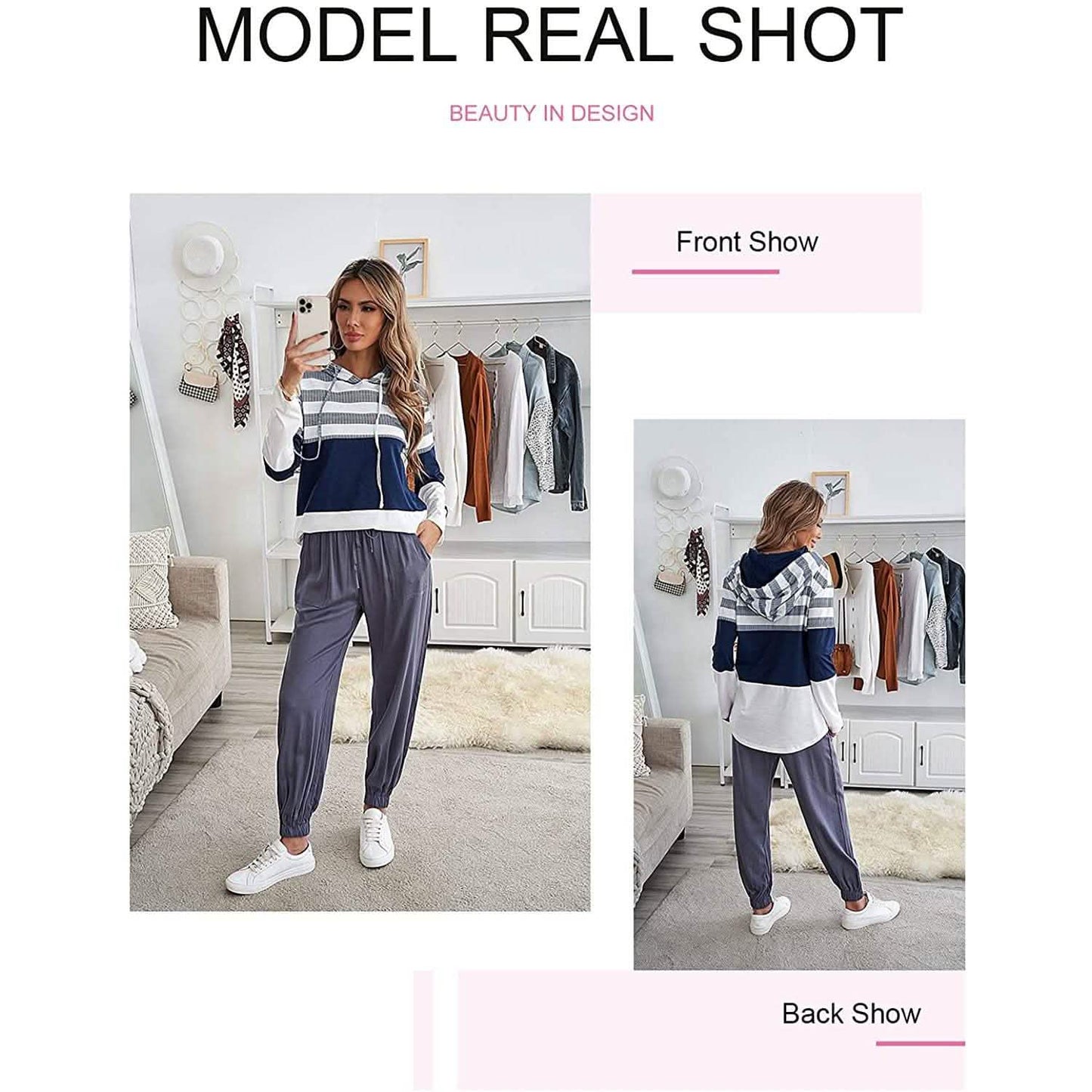 Actloe Women Long Sleeve Striped Color Block Casual Hoodies DailySale