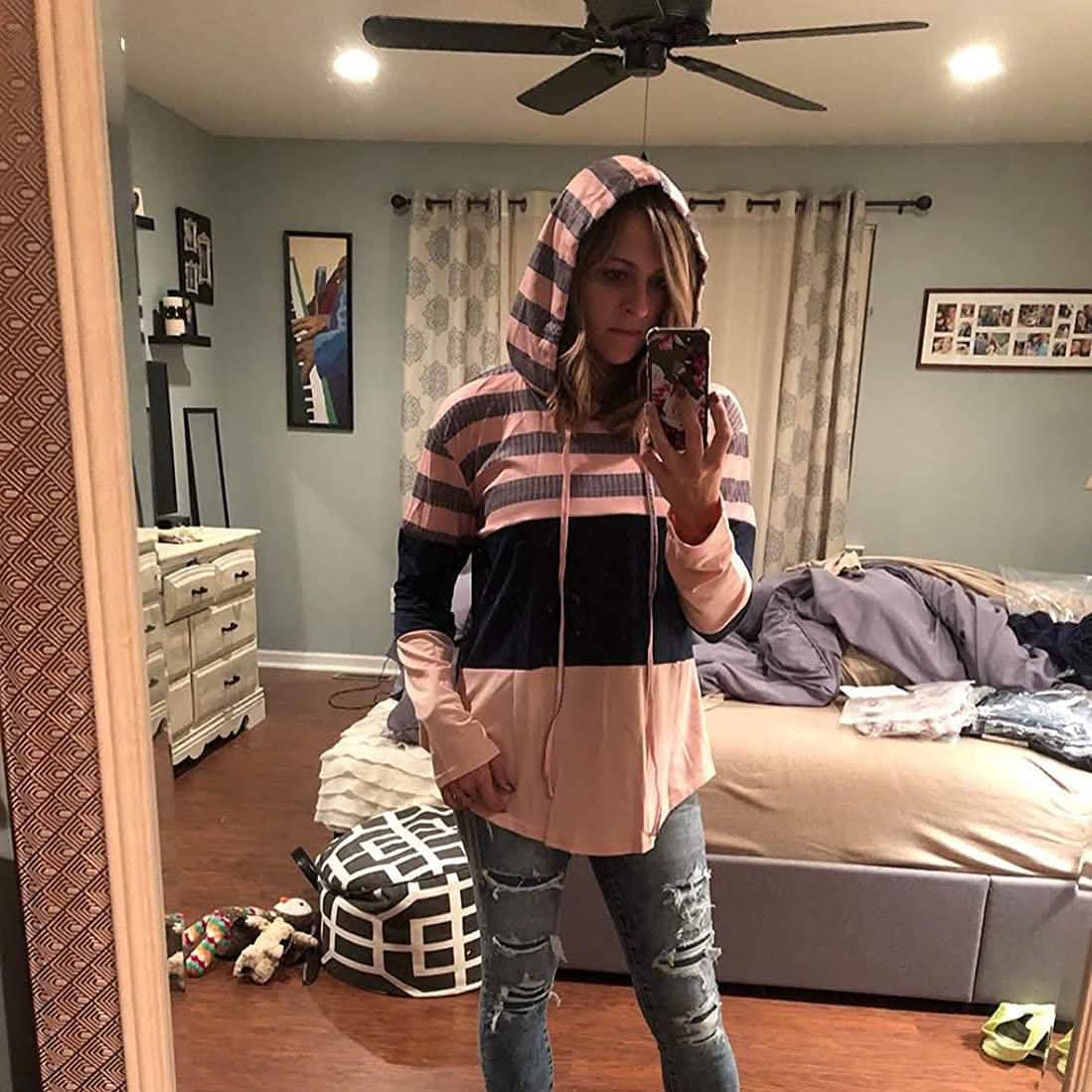 Actloe Women Long Sleeve Striped Color Block Casual Hoodies DailySale
