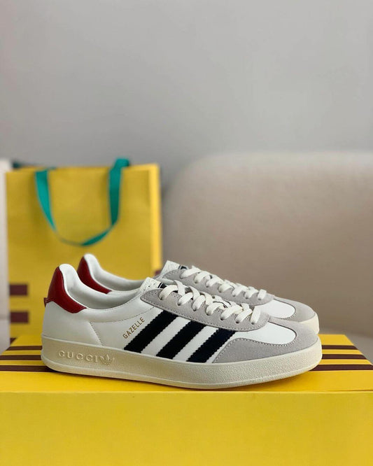 Adidas x Gucci Gazelle Sneaker in White with Black Stripes and Red Heel Tab CUSTOM
