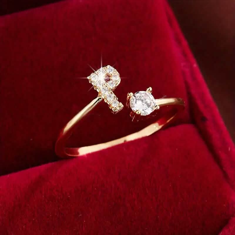 Adjustable Copper Initial Ring with Four-Claw Round Zirconia DailySale