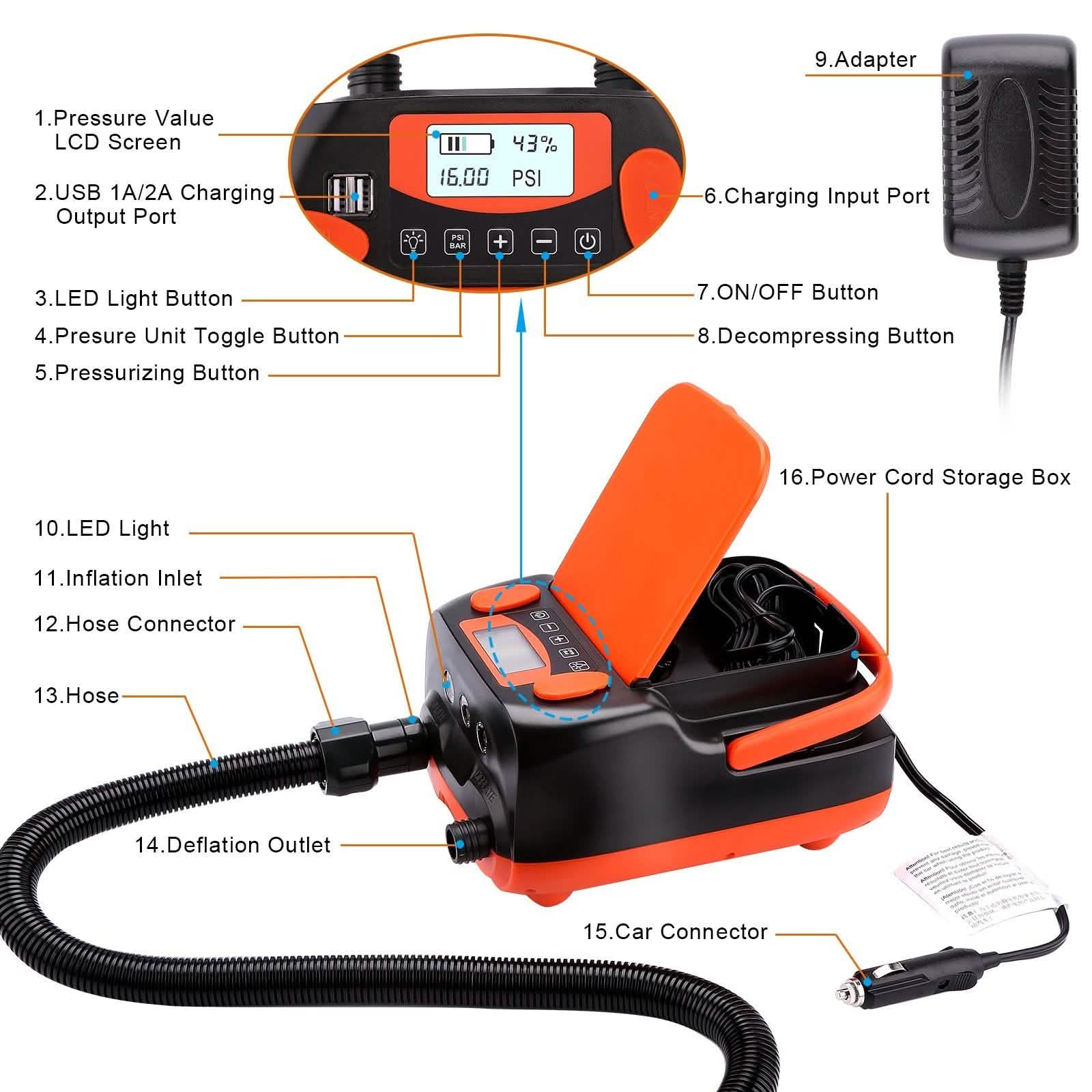 AGPtEK Electric Air Pump Digital 16PSI 12V Rechargeable SUP Electric Air Pump Compressor DailySale