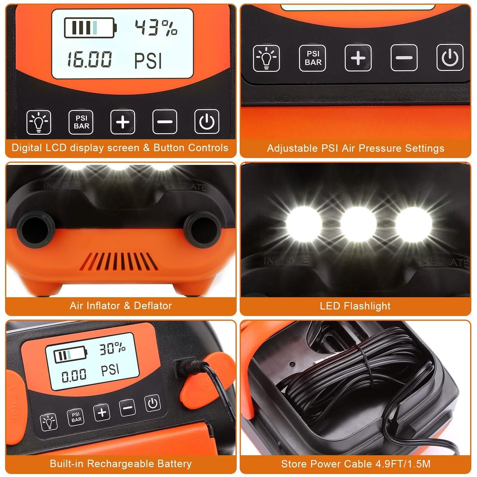AGPtEK Electric Air Pump Digital 16PSI 12V Rechargeable SUP Electric Air Pump Compressor DailySale