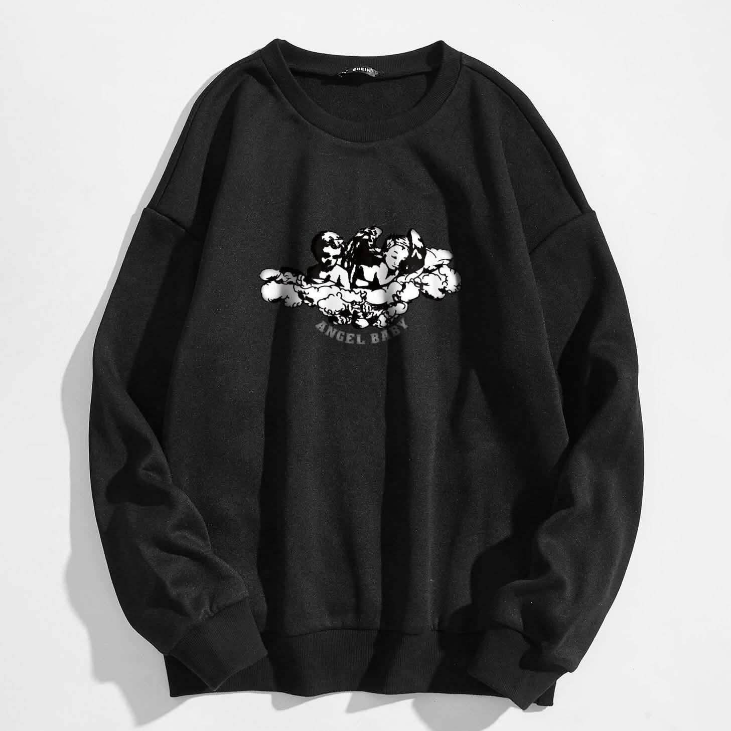 Angel and Letter Graphic Oversized Thermal Sweatshirt DailySale