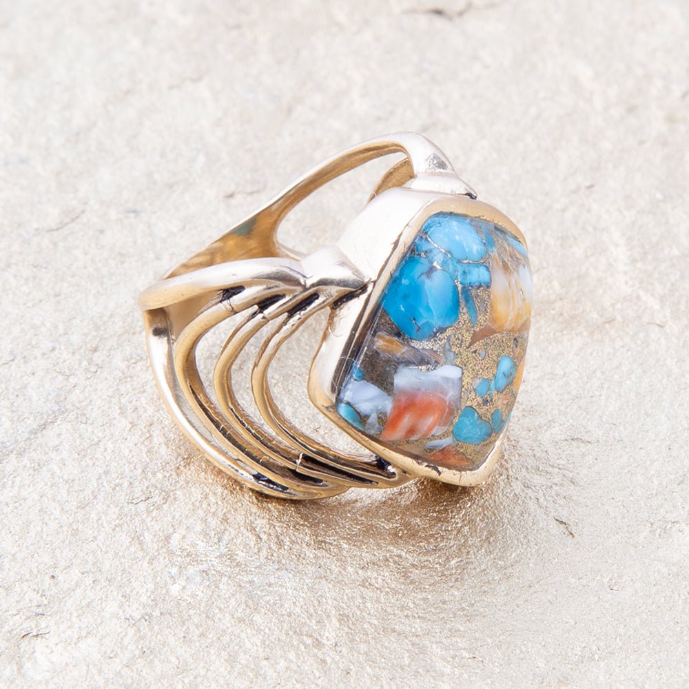 Arrows Blue Turquoise and Orange Spiny Oyster Matrix Golden Ring Barse Jewelry