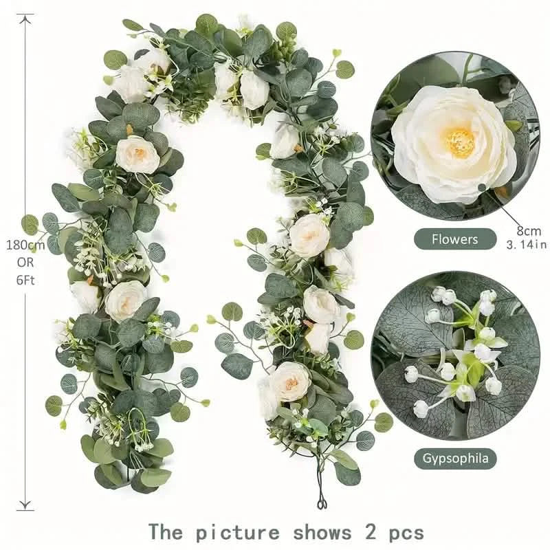 Artificial Eucalyptus Garland With Fake Roses & Gypsophila, Faux Floral Greenery DailySale