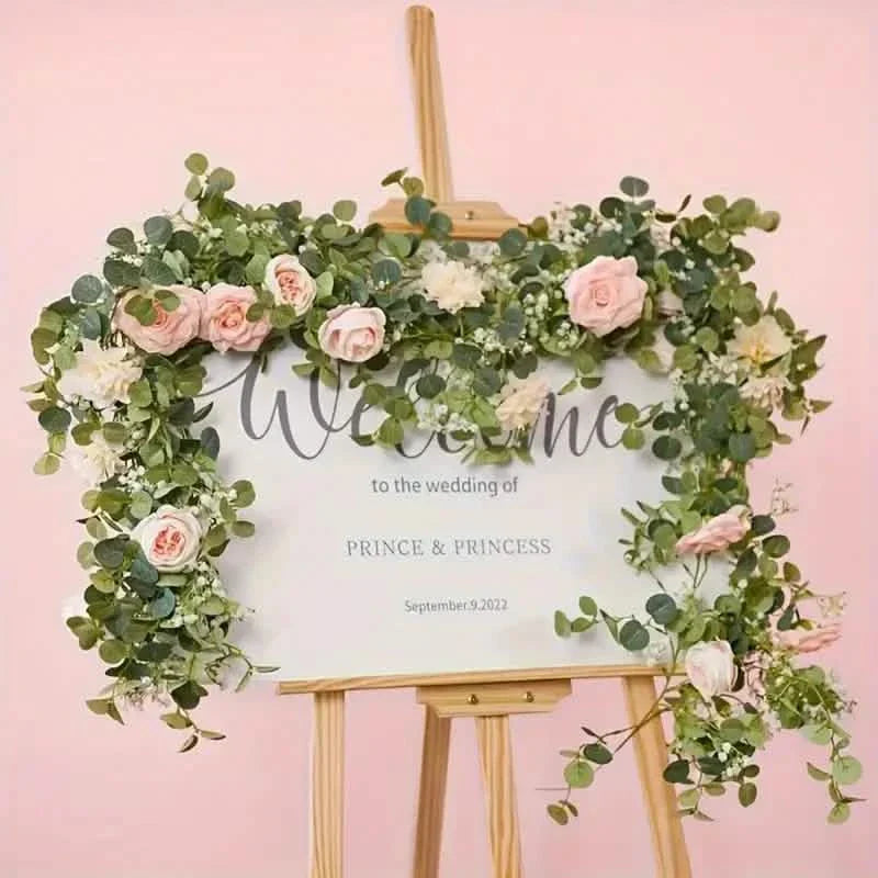 Artificial Eucalyptus Garland With Fake Roses & Gypsophila, Faux Floral Greenery DailySale