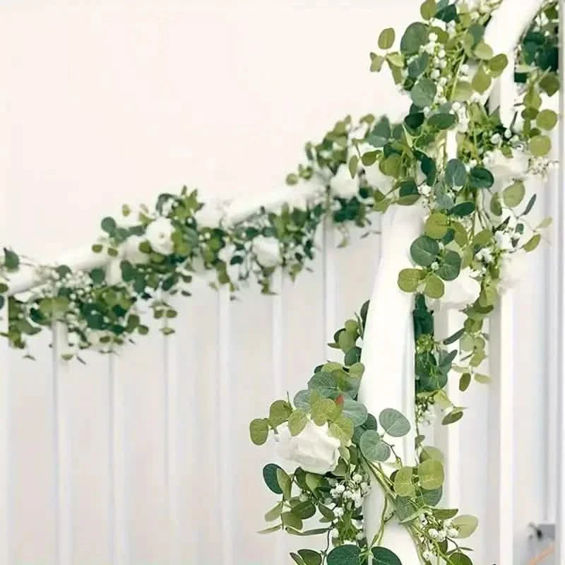 Artificial Eucalyptus Garland With Fake Roses & Gypsophila, Faux Floral Greenery DailySale