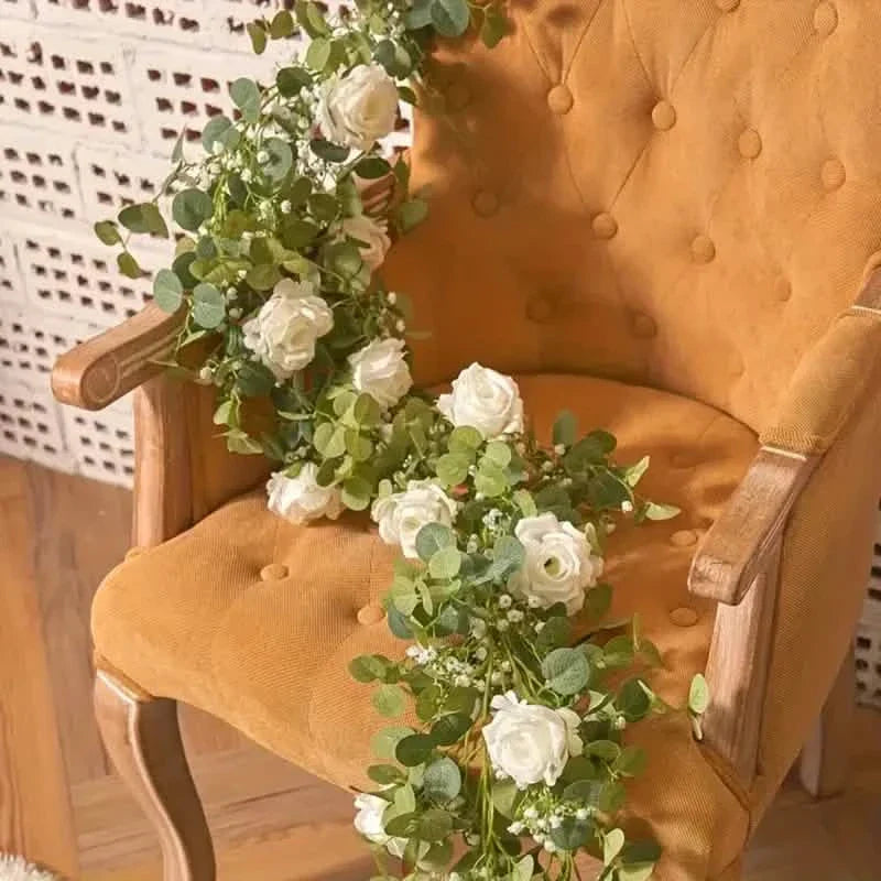 Artificial Eucalyptus Garland With Fake Roses & Gypsophila, Faux Floral Greenery DailySale