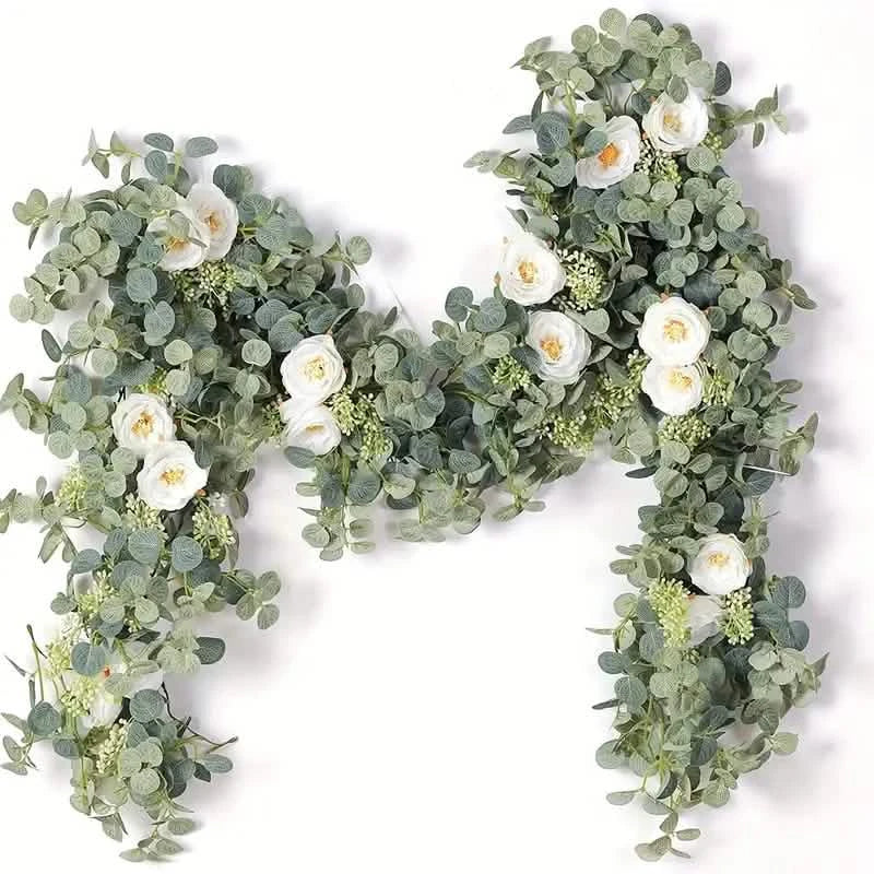 Artificial Eucalyptus Garland With Fake Roses & Gypsophila, Faux Floral Greenery DailySale