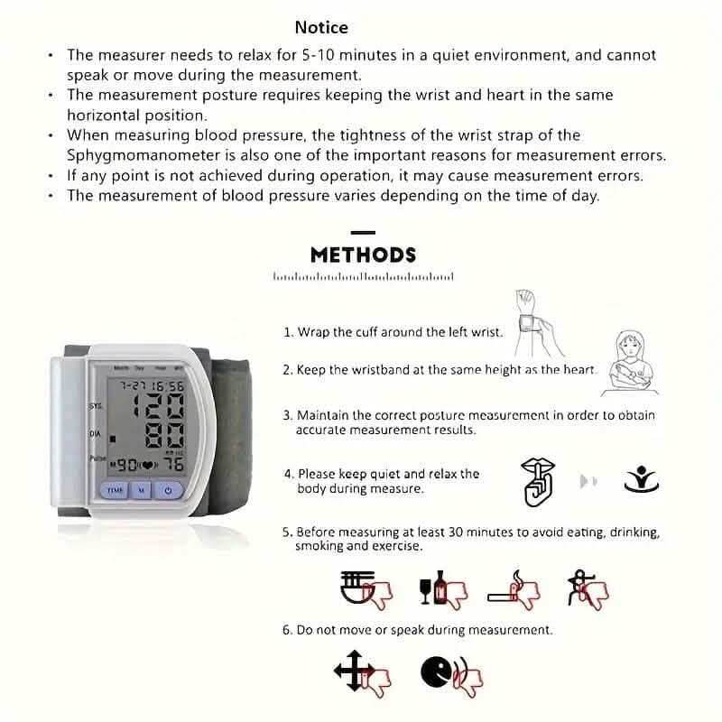 Automatic Digital Wrist Blood Pressure Monitor with Large LCD Display and Adjustable Cuff DailySale