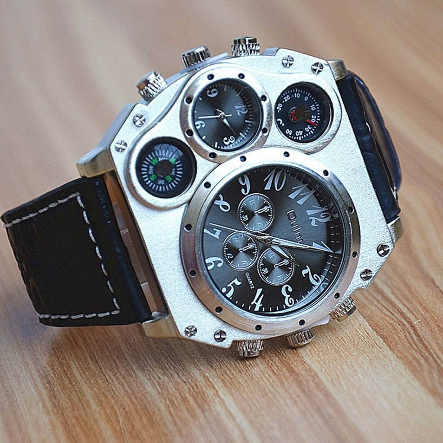Avaner Mens Big Face Dual Time Zone Leather Strap Sport Watch DailySale