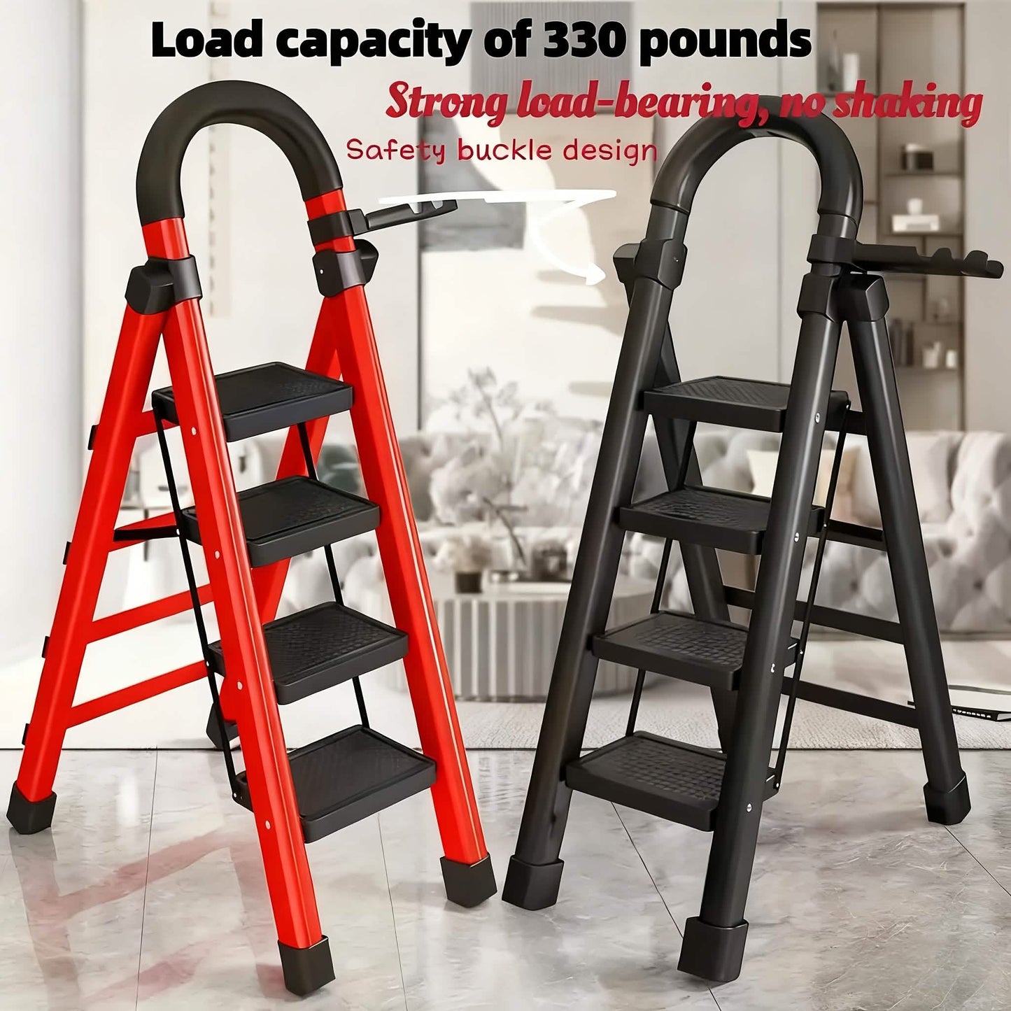 Folding 3/4-Step Ladder – Portable Steel Step Stool, Anti-Slip DailySale