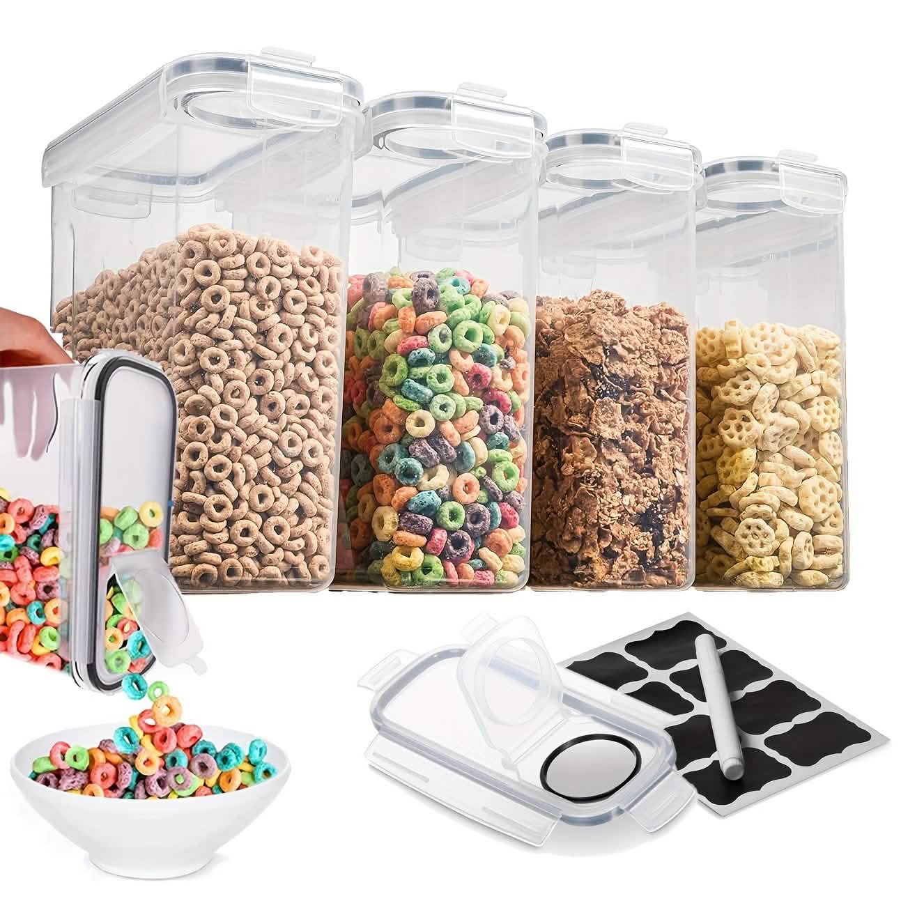 4-Piece Set: Airtight Cereal Storage Containers with Pour Spouts & Measuring Cup – 4L Kitchen Pantry Organizer DailySale