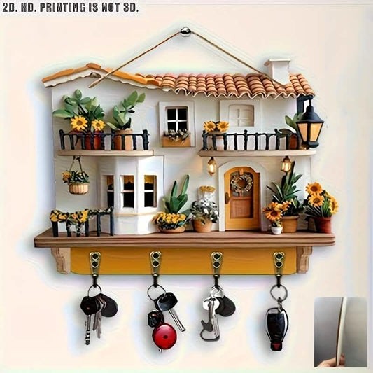 Sunflower Cottage Wooden Key Holder – 4 Hooks, Wall Decor (Boho Style) DailySale