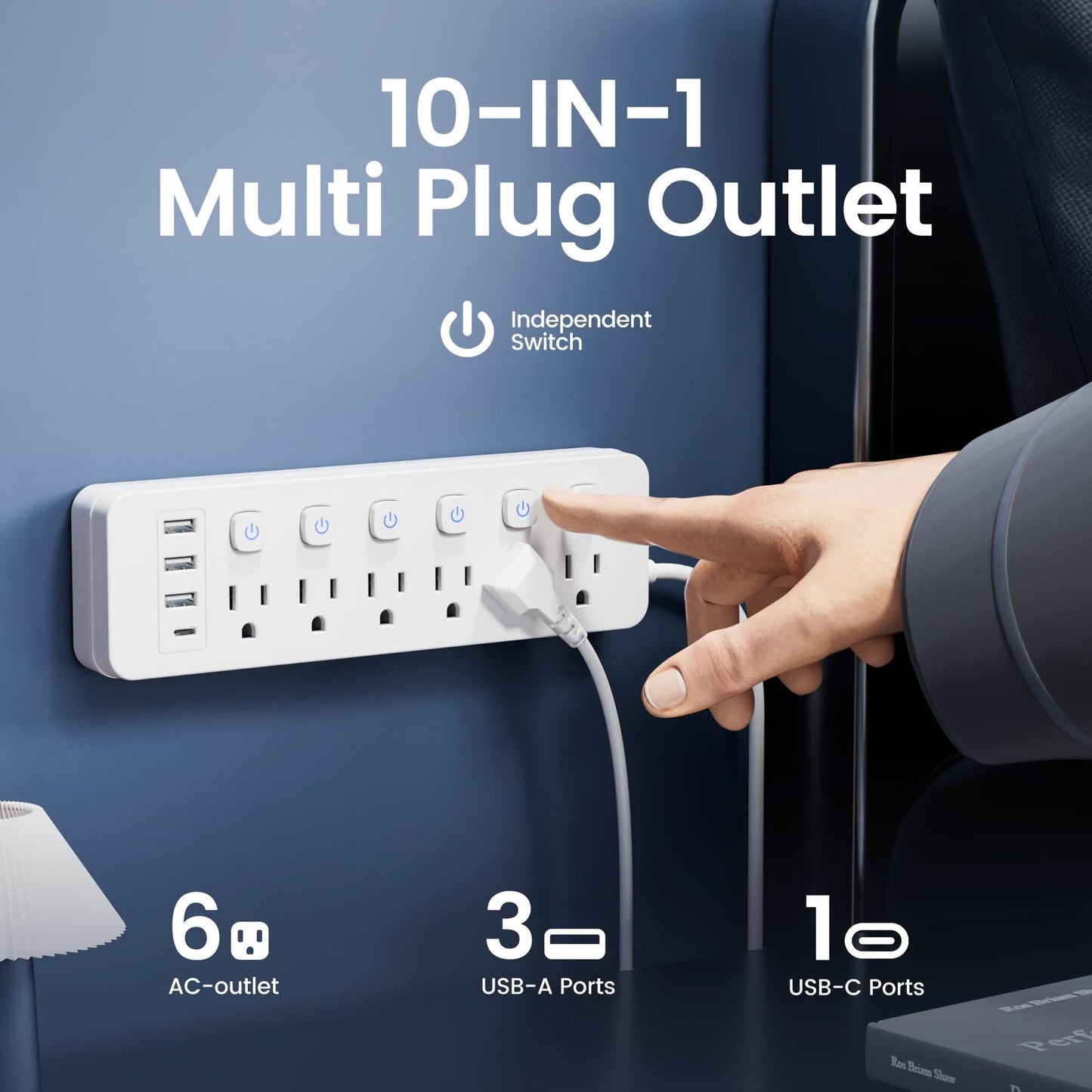 10-in-1 Multi-Outlet Power Strip – 6 AC, 3 USB-A, 1 Type-C DailySale