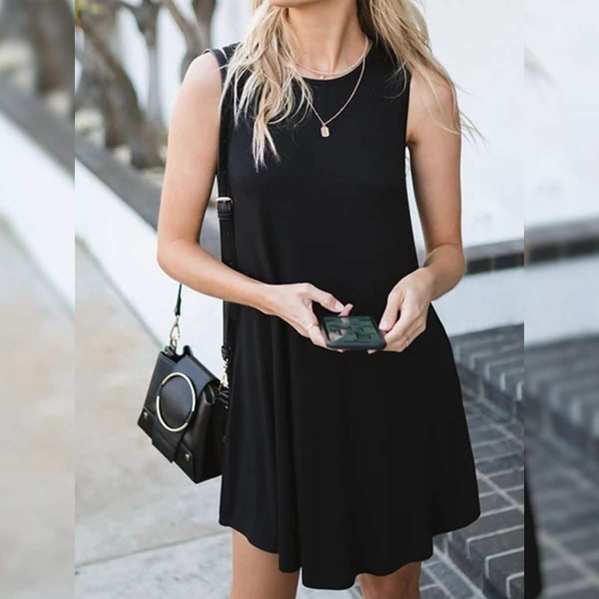 Back Round Neck Single-Breasted Sleeveless Solid Color Dress DailySale