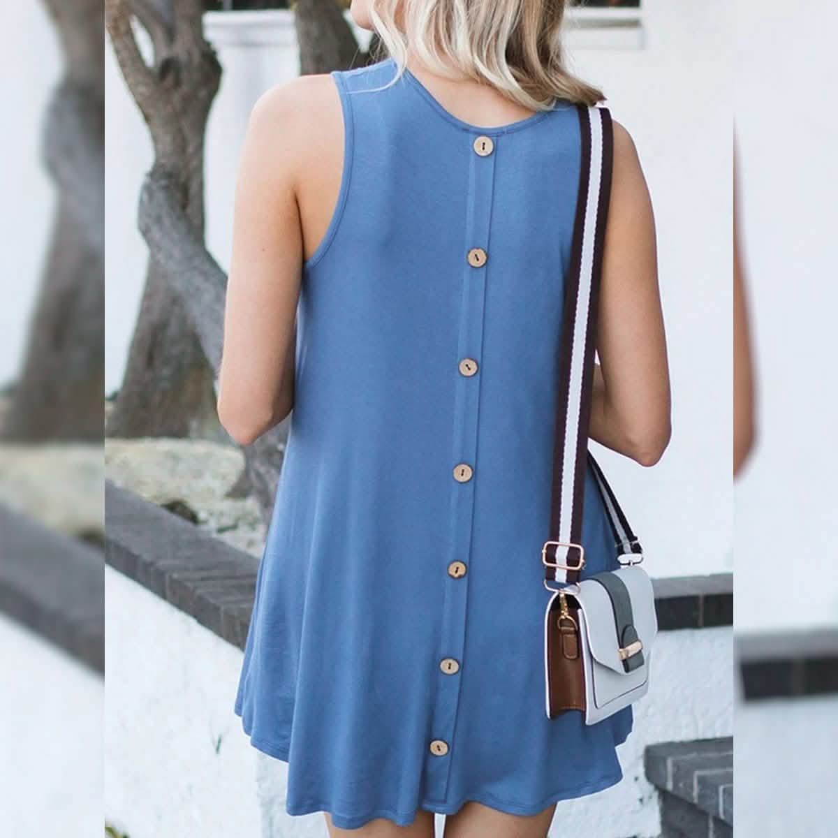 Back Round Neck Single-Breasted Sleeveless Solid Color Dress DailySale