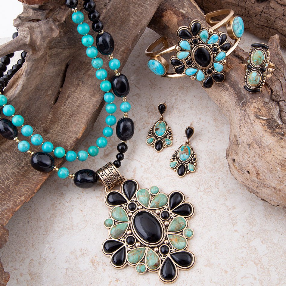 Barcelona Blue Turquoise and Black Onyx Golden Statement Necklace Barse Jewelry